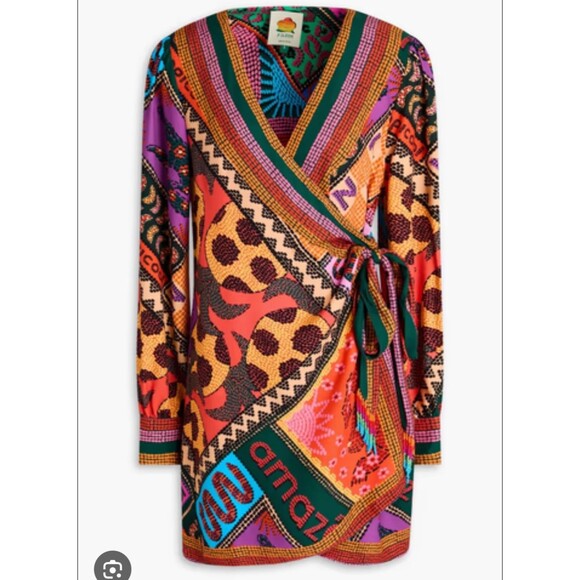 Farm Rio Dotted Patch Scarf Mini Dress S Small Wrap Tassel Tie Mixed Print $225 - Picture 4 of 13